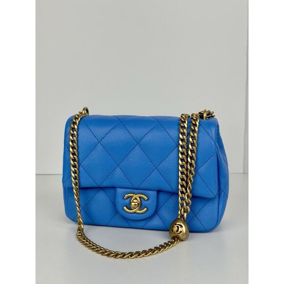 Chanel Mini Heart Chain Flap Bag Blue Caviar Leather D-7 - Picture 1 of 16